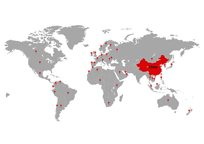 World map showing SDREX RACK global shipping destinations across 50+ countries